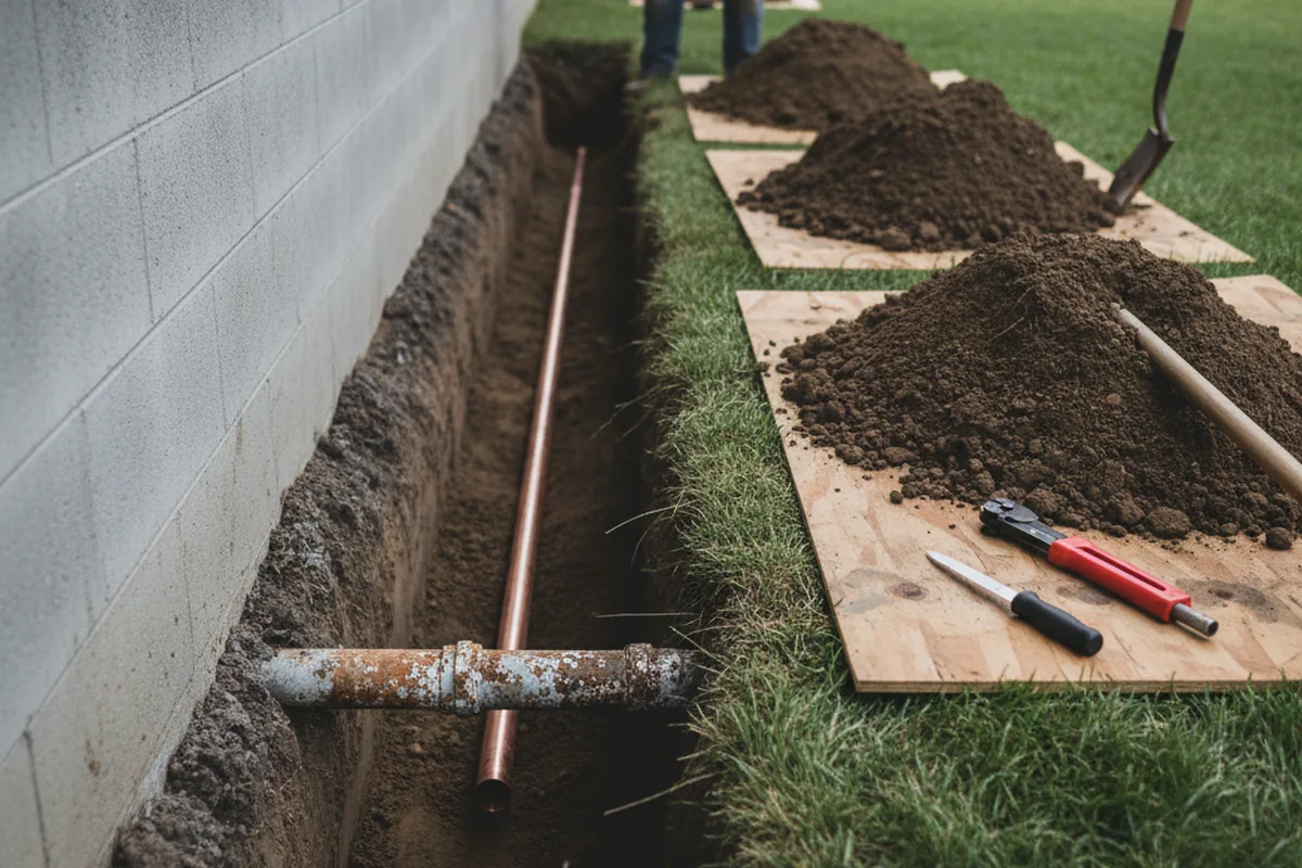 Excavated water line trench during Water Softener Installation in Alvord